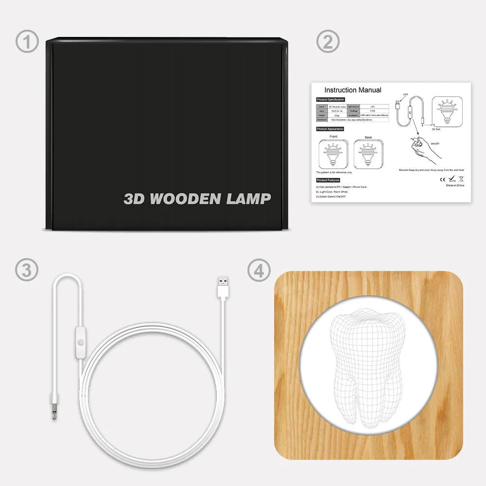 Tooth shaped night lamp with wood acrylic finish, shown with USB cable.