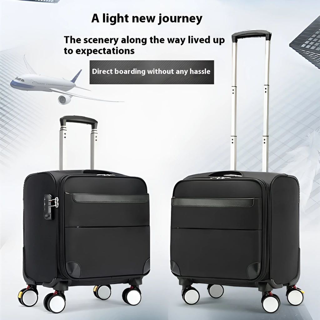 Black 18-inch carry-on cabin suitcase with retractable handle, four wheels, and combination lock on anti-theft zips.