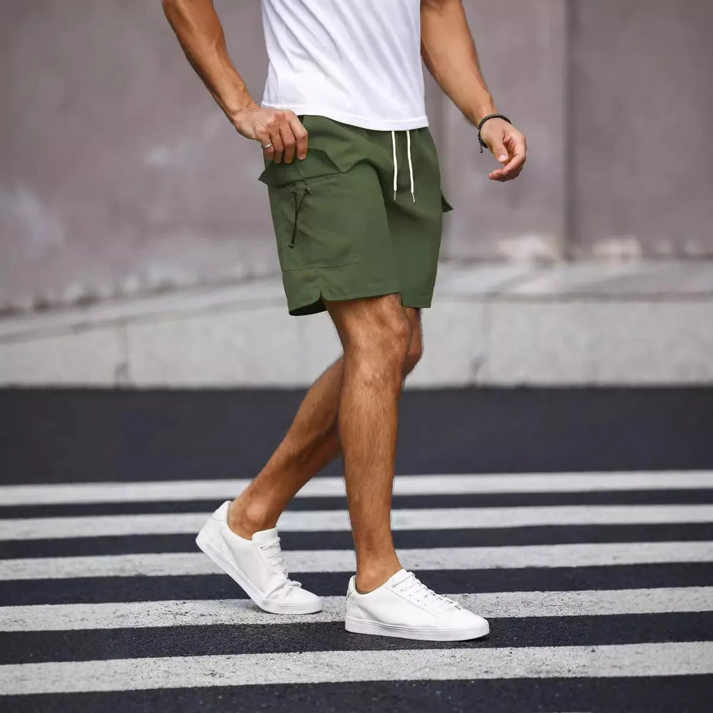 Men's loose fit workwear shorts in cool silk cotton fabric available in fluorescent green and army green colours