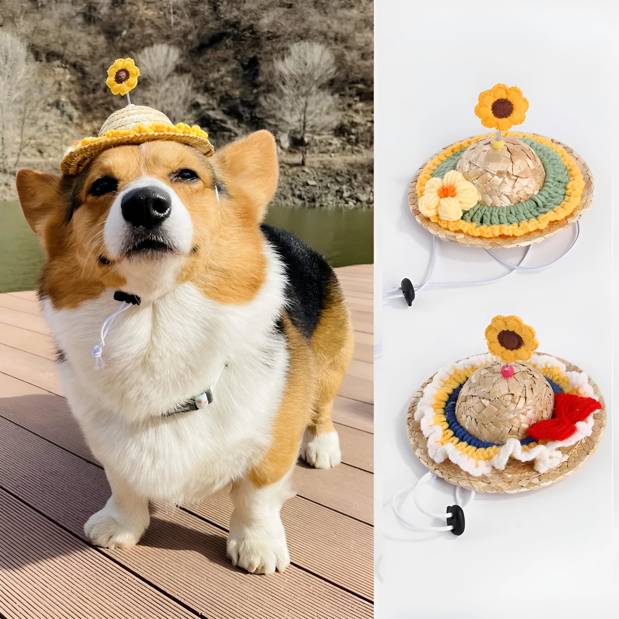 Pet cute hat decorative puppy cap made of mixed cloth and grass in small flower style on small dog