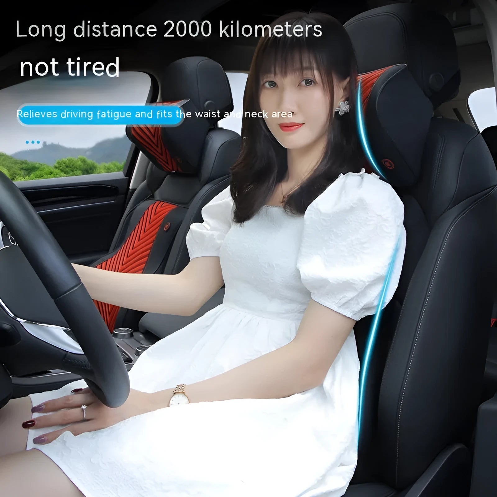 Car electric massage heating headrest and lumbar support cushion in black and orange colour