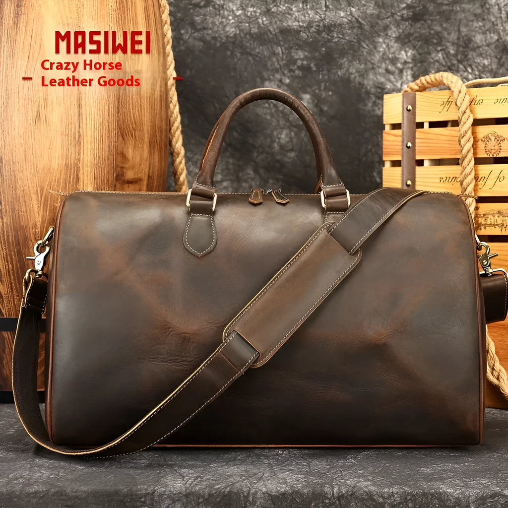 Men's vintage leather crossbody bag in first layer cowhide with dimensions 48.3cm x 25cm x 29cm
