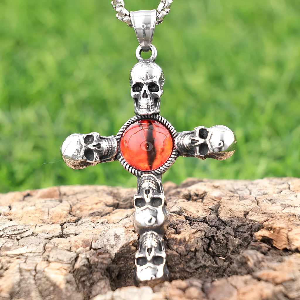 Stainless steel skull red eye cross pendant necklace with polished finish on 60cm square pearl chain, steel colour