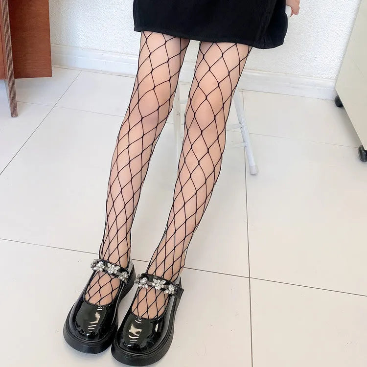 Women's mesh pattern pantyhose in black and white with large, medium, and small net designs