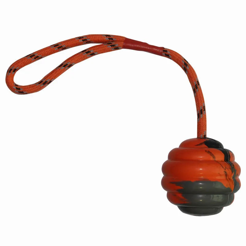Multi-colour rubber pet toy ball with rope knots for interactive training