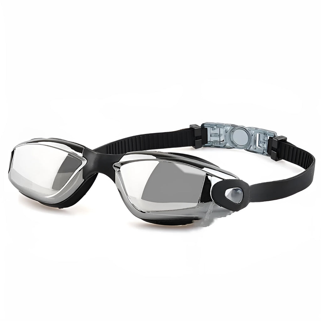 Swimming goggles with silicone nasal splint earplugs polycarbonate lens black-silver plated rotating box