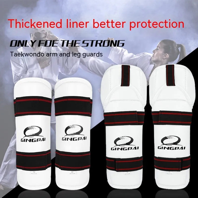 Taekwondo protective gear set showing arm guards, elbow protectors and legguards in PU EVA foam construction