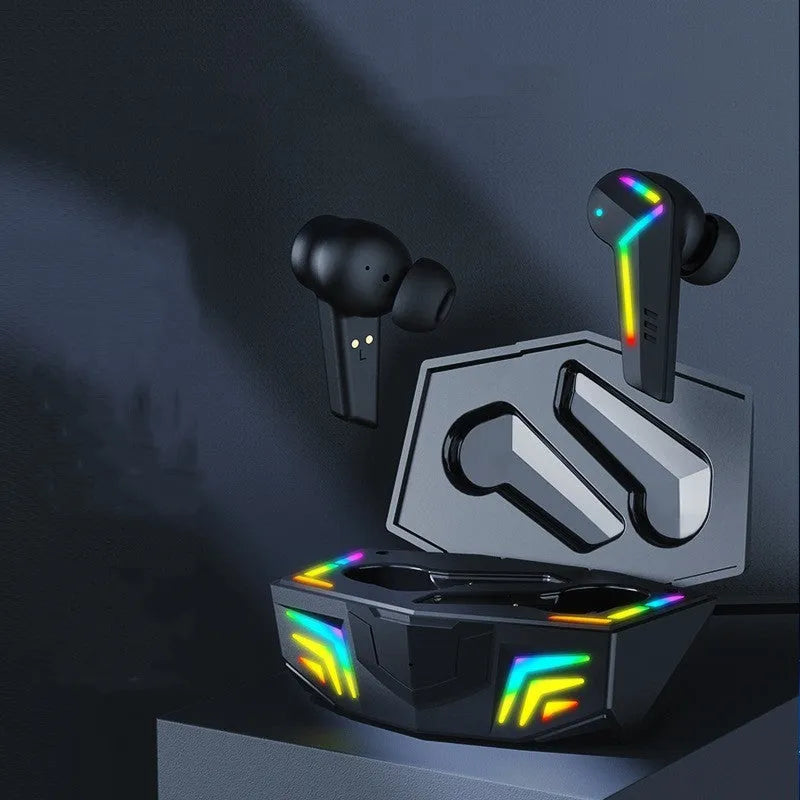 Black TWS Bluetooth gaming headset with low latency for sports.
