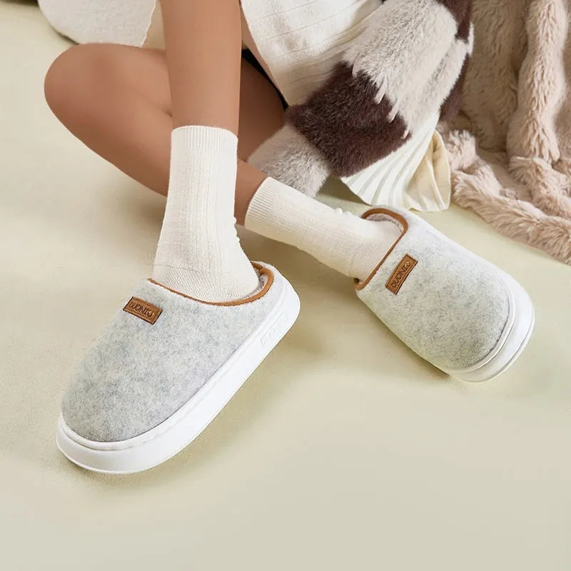 Women's winter slippers in solid colours with woolen fabric upper and EVA sole, flat heel, low top, sizes 36-45