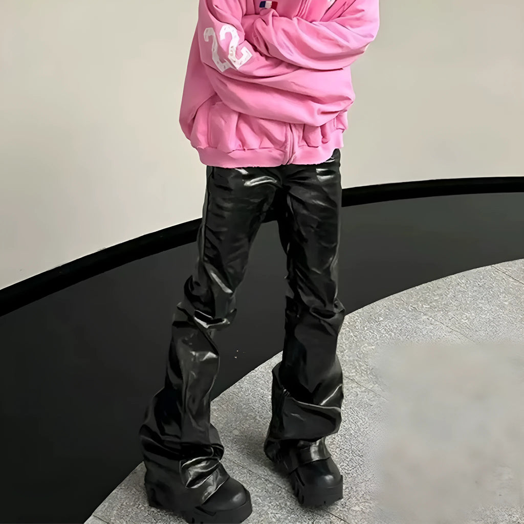 Black coated shiny patent leather skinny jeans with a straight leg and mid waist.