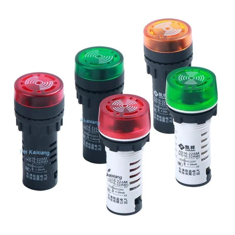 Red, green, and yellow AD16-22SM industrial flashing sound and light buzzers for 22mm panel mounting.