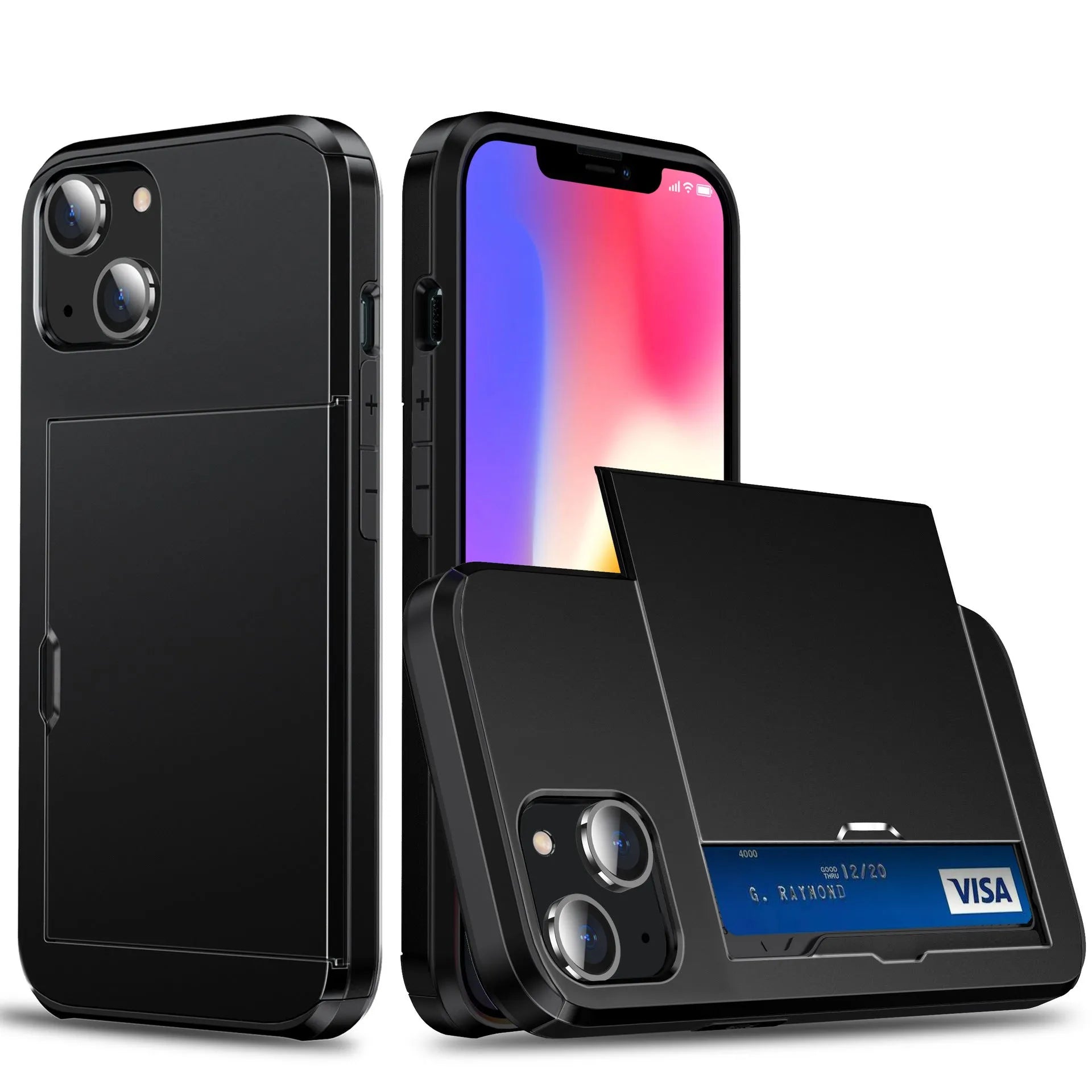 Black TPU PC phone case with rear sliding card slot for iPhone X to 14 Pro