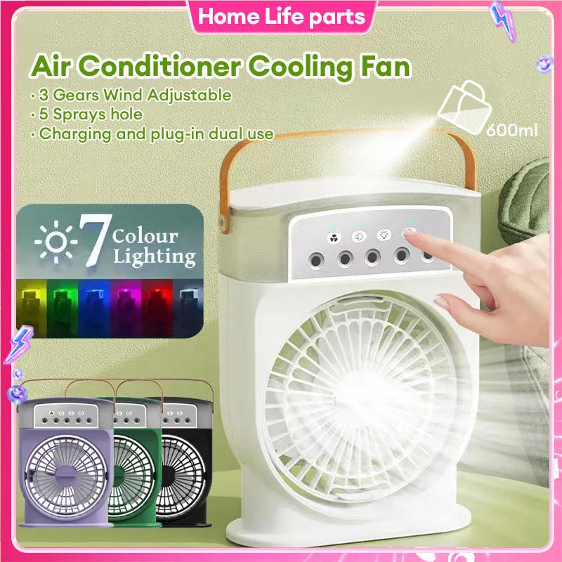 Portable USB air conditioner cooling fan with 7 colour LED lights and 600ml water tank in white