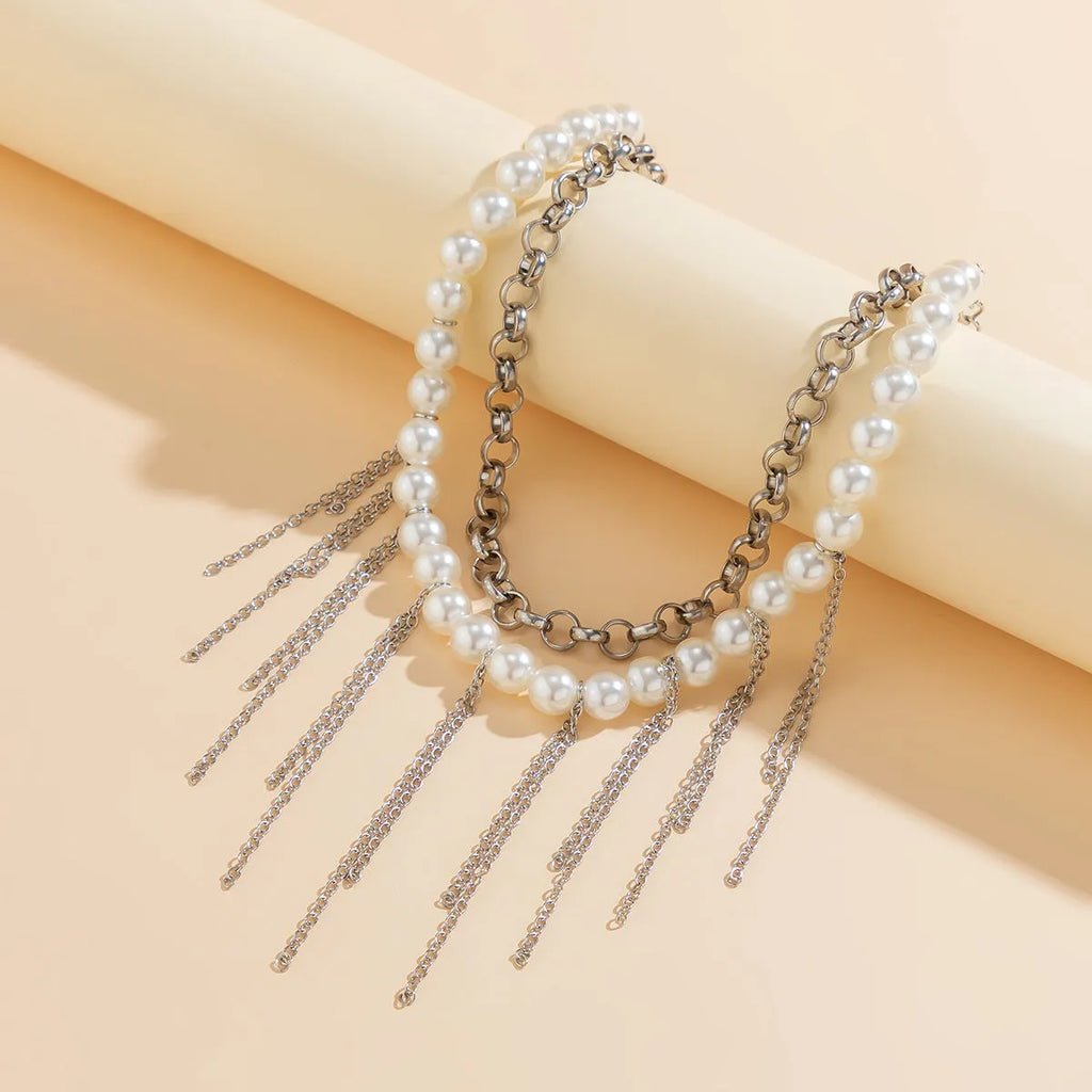 Imitation pearl tassel chain double-layer retro necklace with white K finish and geometric iron pendant