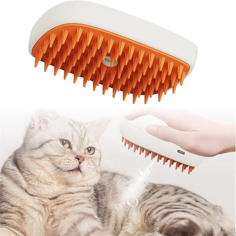 USB rechargeable cat steam brush in white and orange with ABS/TPR body, 11.8x6.8x5.5cm size