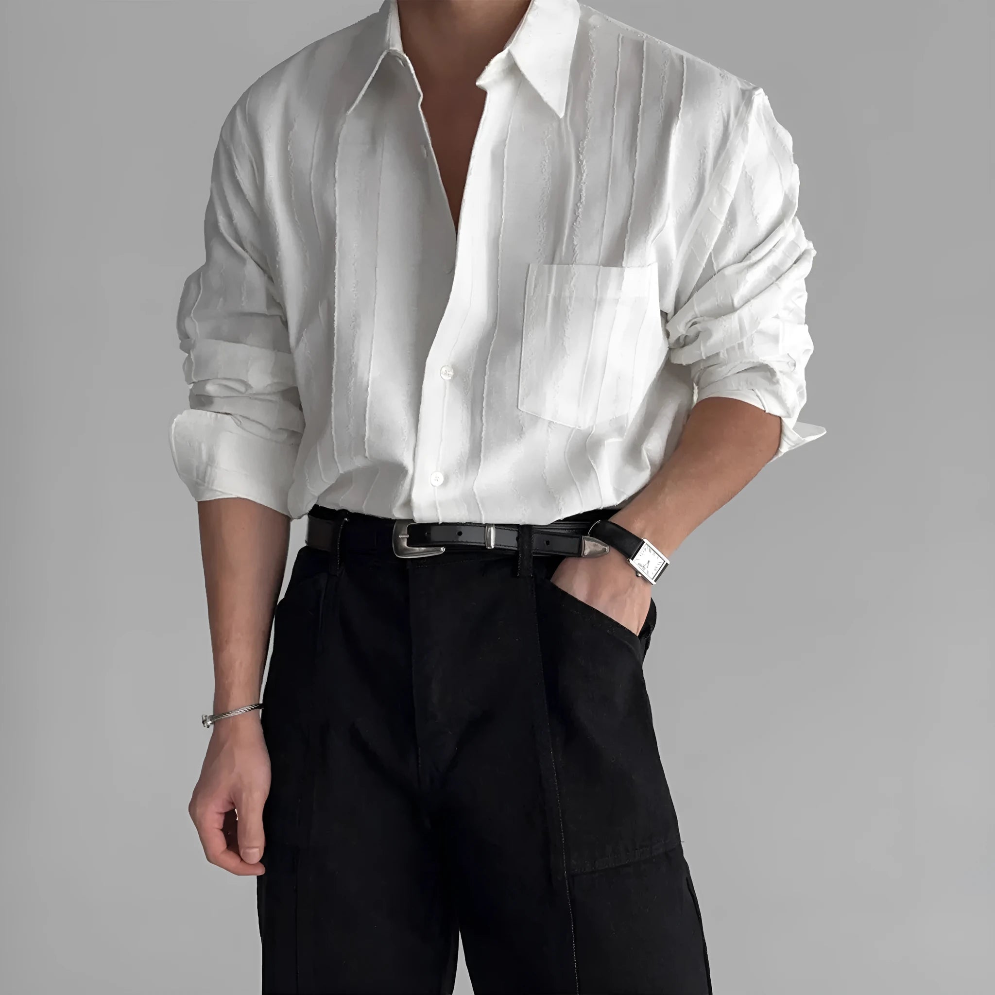 Long sleeve loose fit black polyester cardigan shirt with front pocket