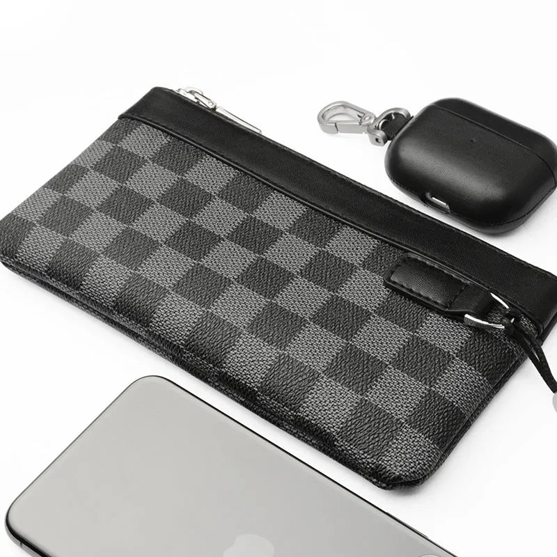 Men's black leather clutch wallet showing 20x10cm size and genuine cowhide material.