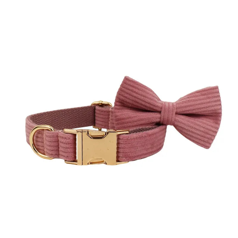 Corduroy dog collar and matching accessories including leash, vest, bow tie, and poop bag holder