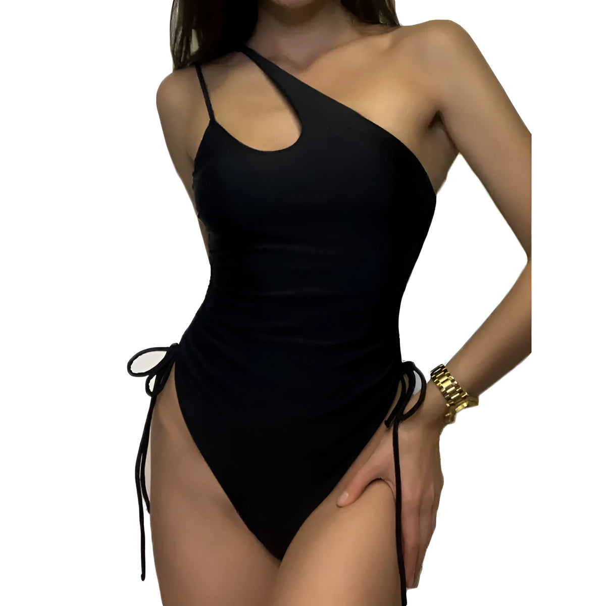 Women's black solid colour sleeveless sloping shoulder dress with lacing detail, tight fit, 70-80cm length, polyester fabric