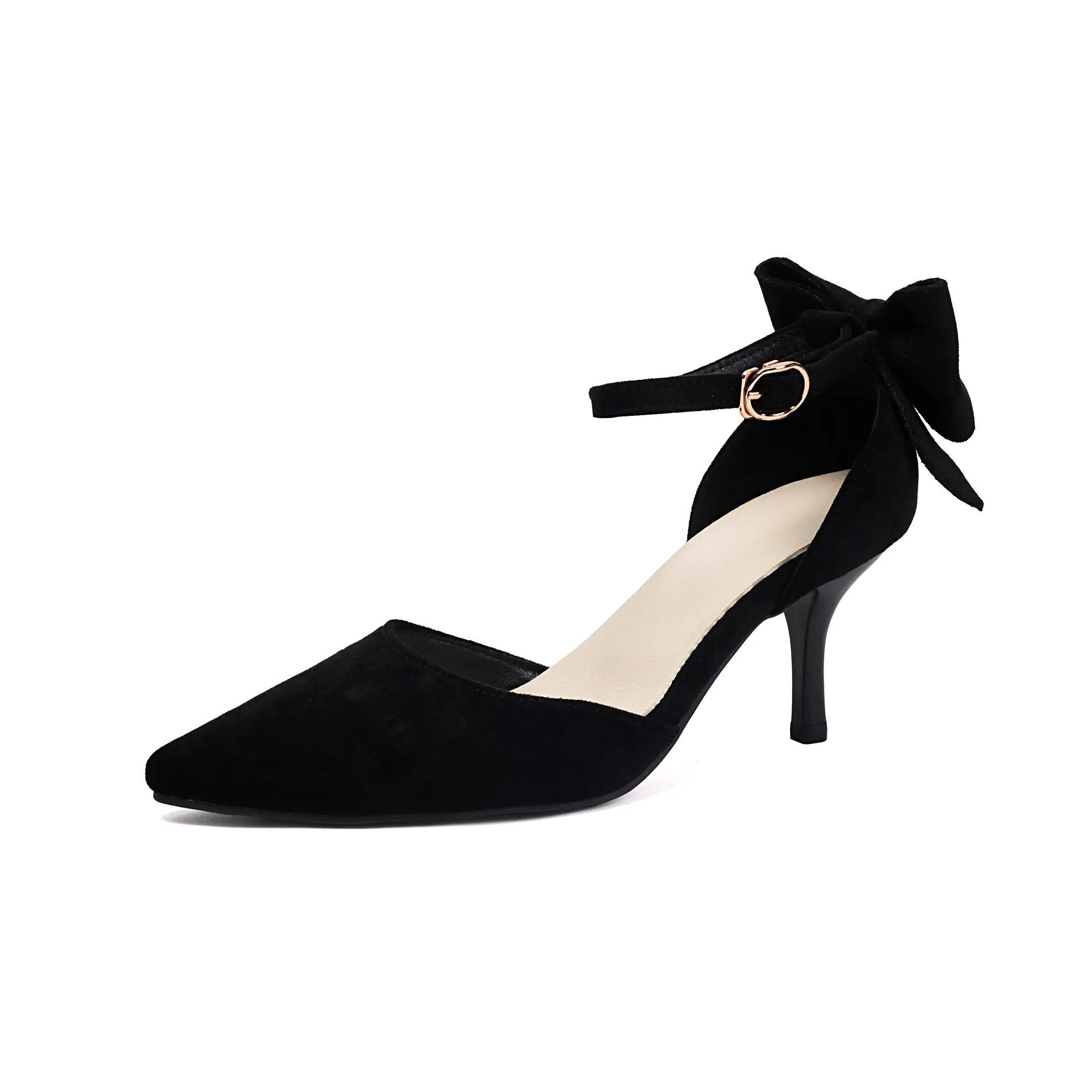 Women's black suede stiletto high heels with pointed toe and decorative bowknot.
