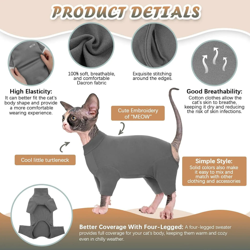 Sphynx cat wearing a soft turtleneck sweater with sleeves in a warm winter pullover design