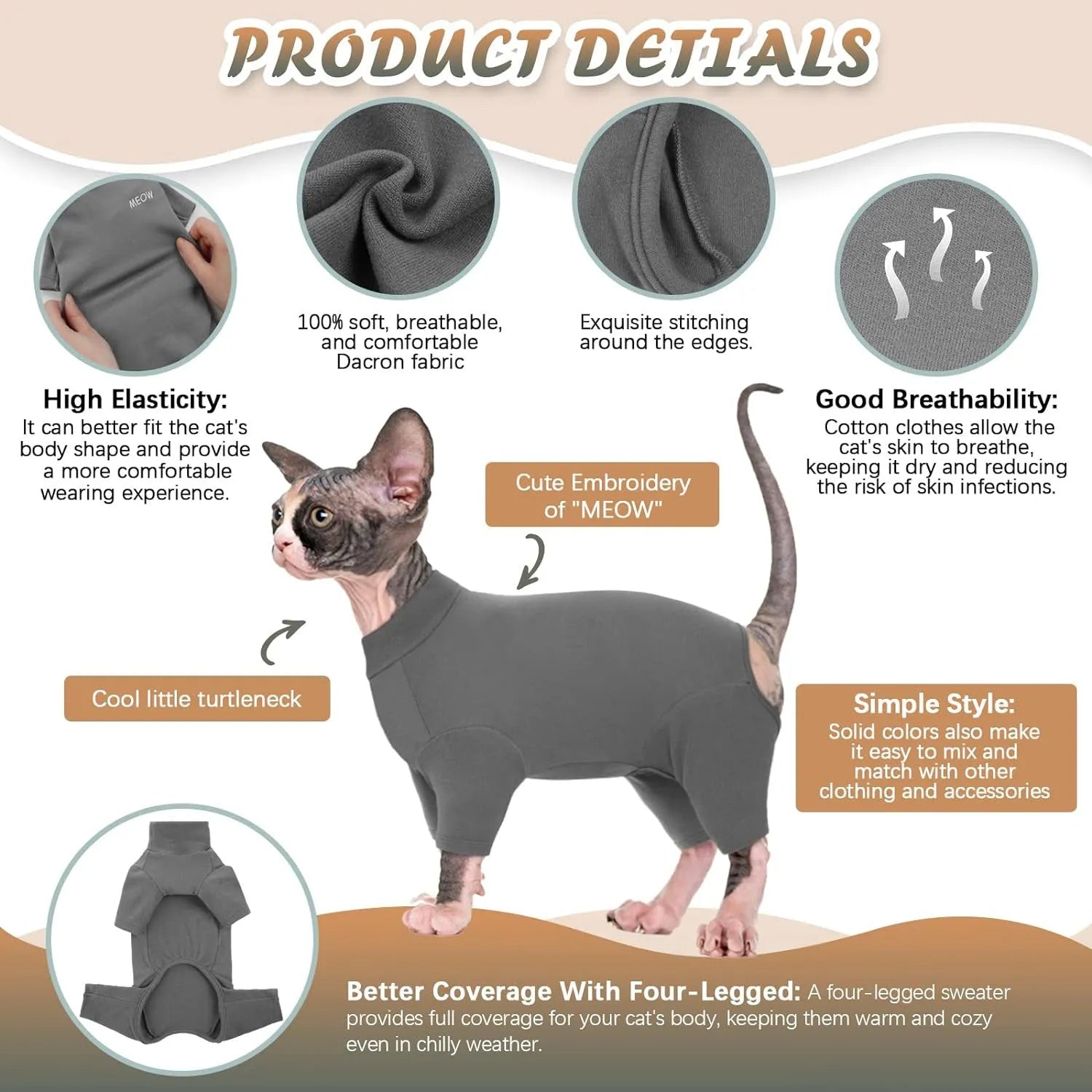 Sphynx cat wearing a soft turtleneck sweater with sleeves in a warm winter pullover design