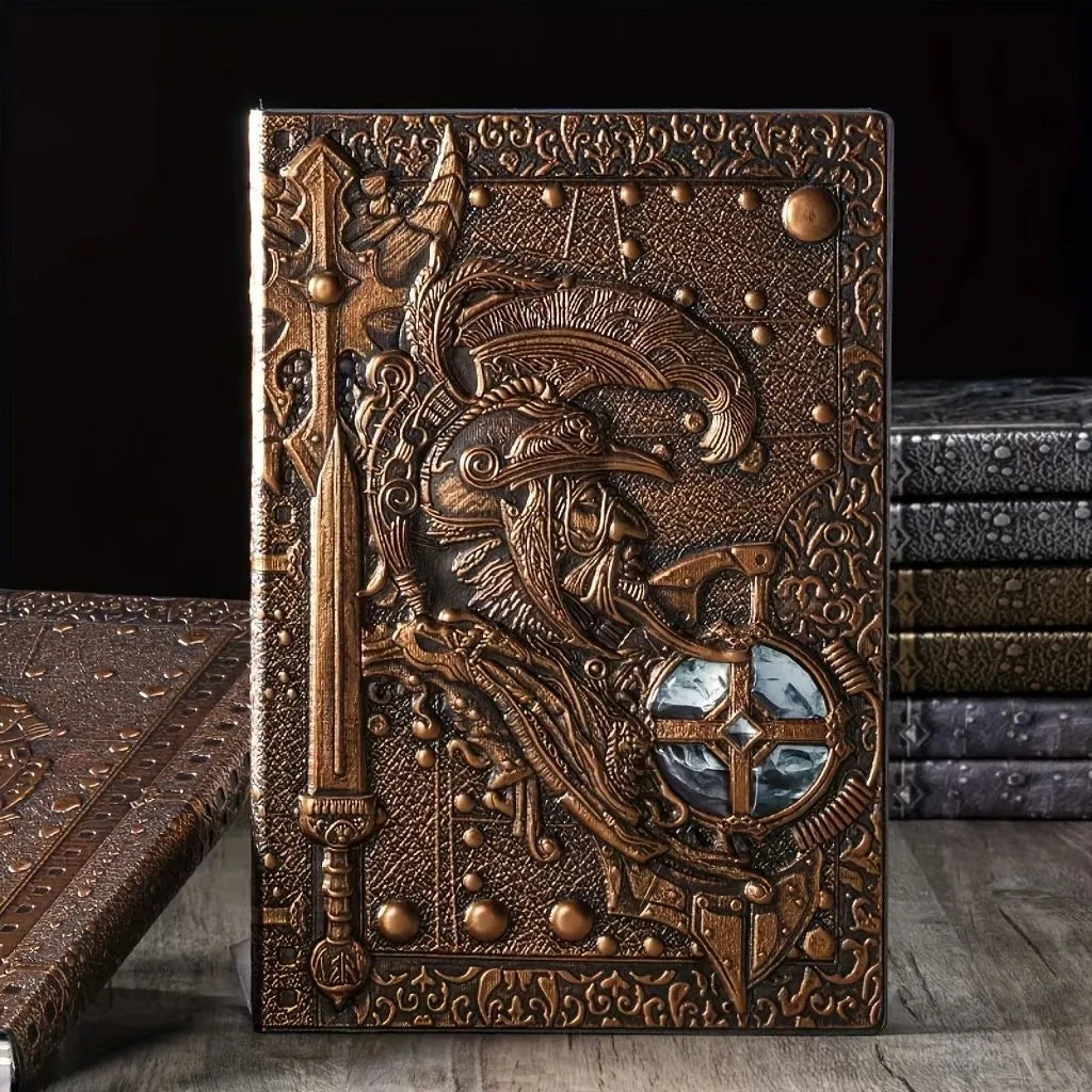 Handmade leather A5 notebook with a detailed embossed 3D warrior relief on the cover.