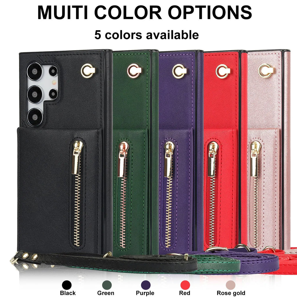 Samsung phone case with card holder slot, kickstand bracket, and crossbody zipper in black PU leather.