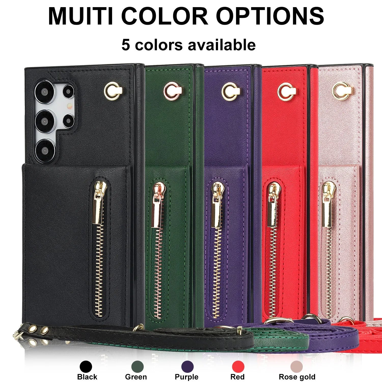 Samsung phone case with card holder slot, kickstand bracket, and crossbody zipper in black PU leather.