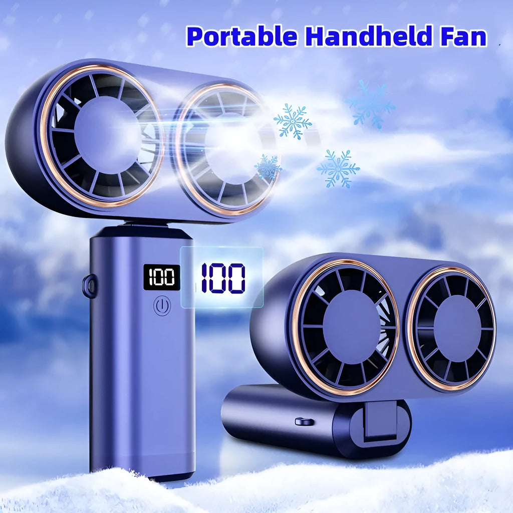 USB handheld mini fan with digital display screen in folded position showing milky white colour option