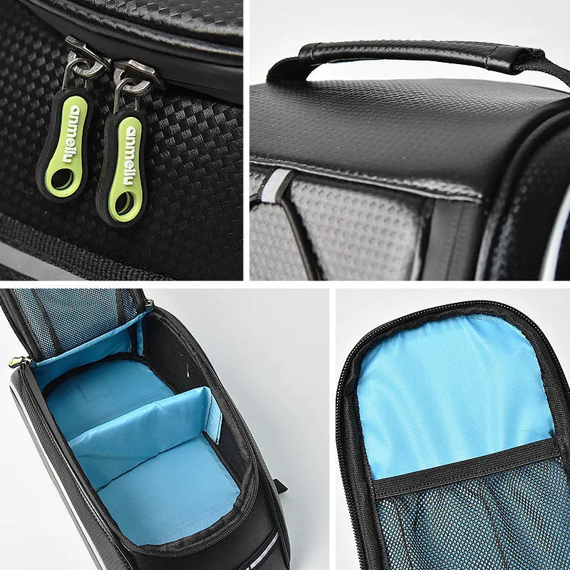 Waterproof black bicycle rack bag mounted on rear bicycle rack showing 8-litre capacity dimensions