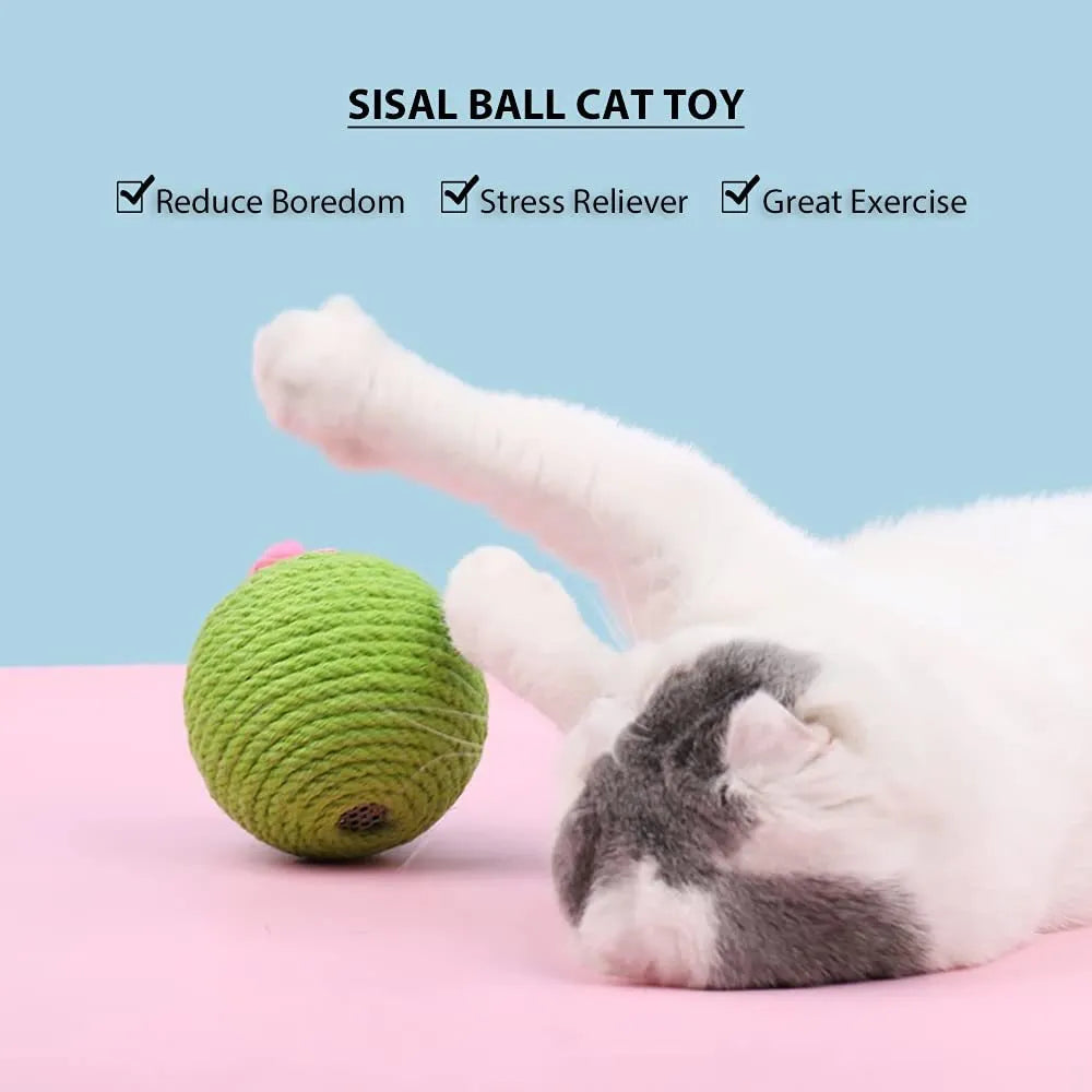 Green interactive cat scratcher ball with natural sisal cactus design and hanging accessories for indoor feline play