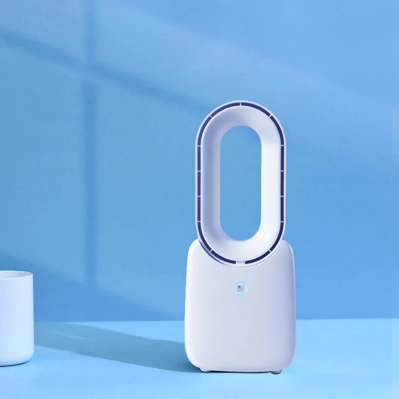 White USB charging portable mini bladeless fan with touch screen control on a desk