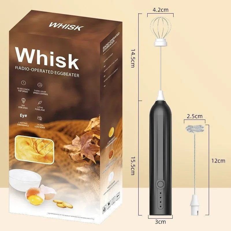 Mini handheld electric milk frother in black, white, or khaki colour with USB charging cable.