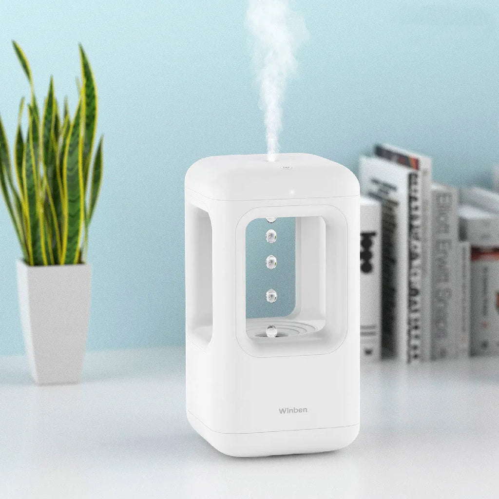 Weibel anti-gravity water drop humidifier white 500ml cool mist with atmosphere light on a nightstand