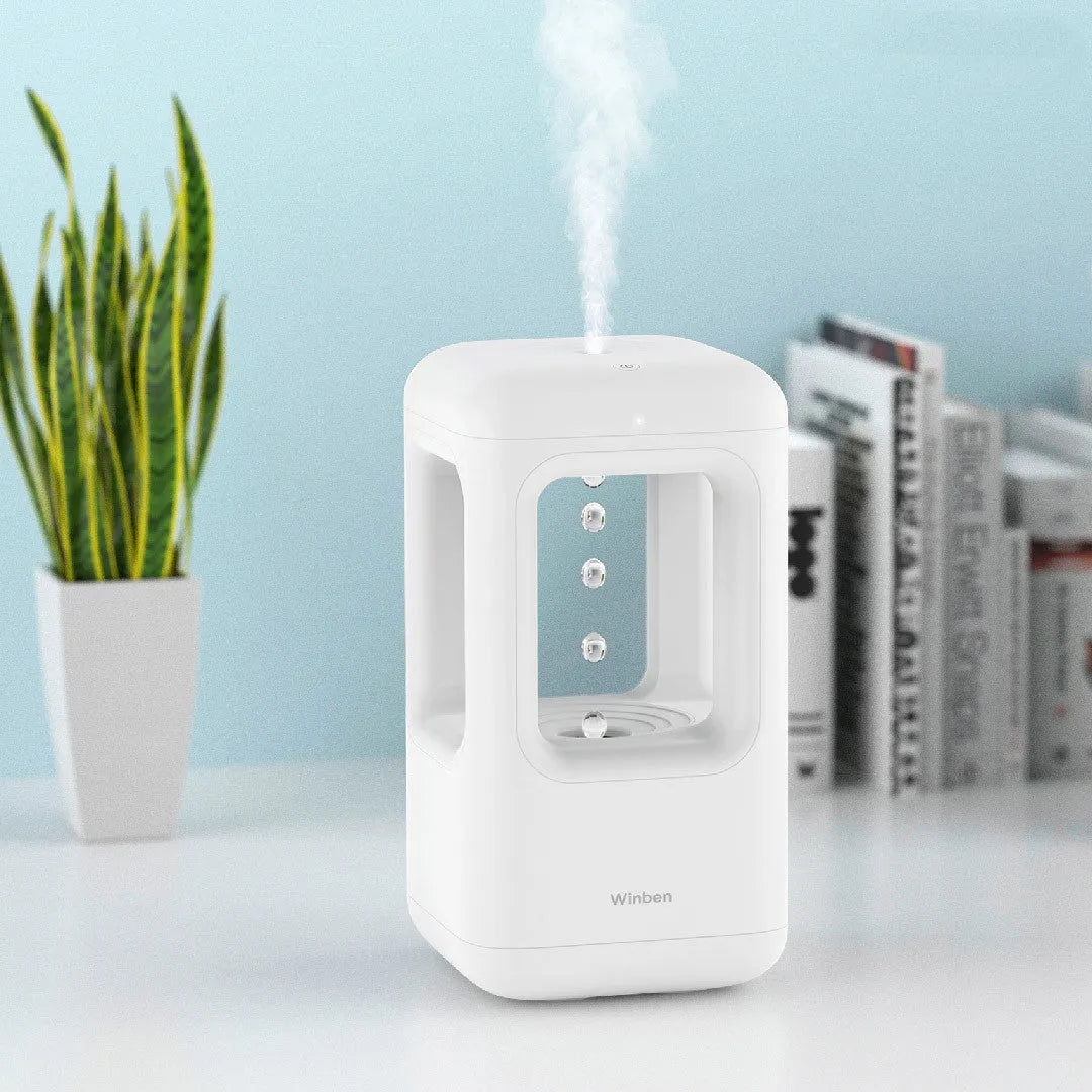 Weibel anti-gravity water drop humidifier white 500ml cool mist with atmosphere light on a nightstand