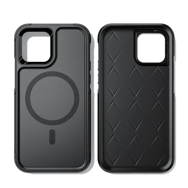 Black shatterproof magnetic phone case for iPhone 12 and 13 series with PC+TPU construction