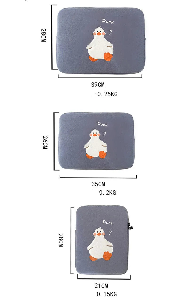 Blue cotton tablet case with an embroidered cartoon duck design and a silver zip closure.