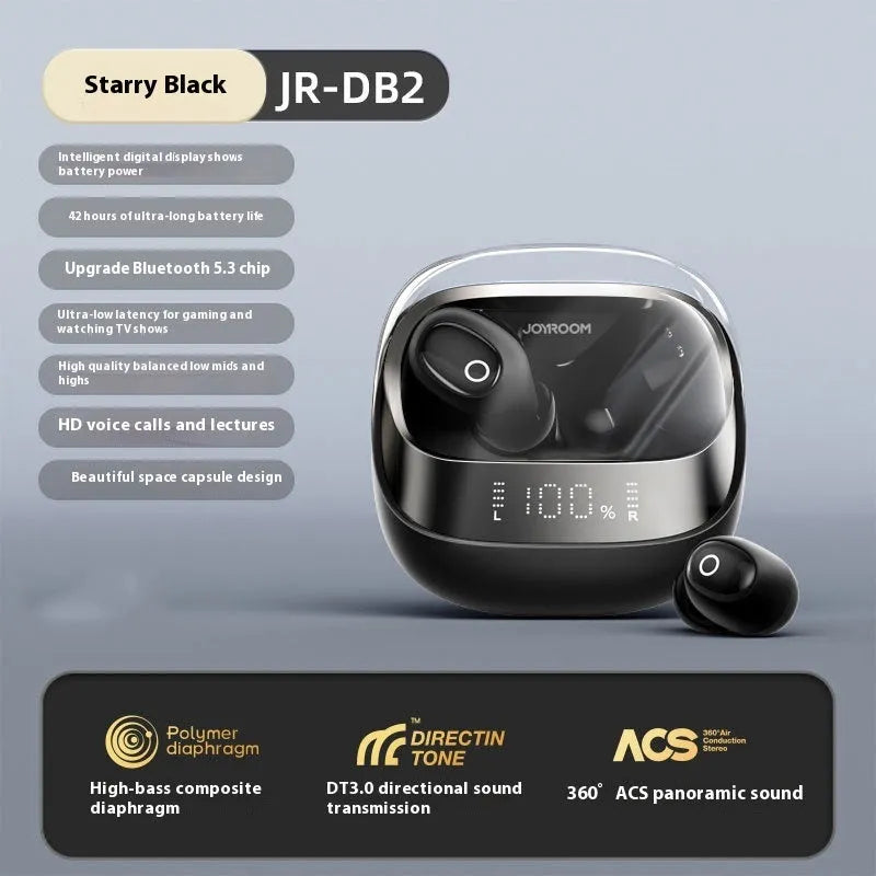 Beige wireless in-ear Bluetooth headphones with charging case on a table, showing USB Type-C port.