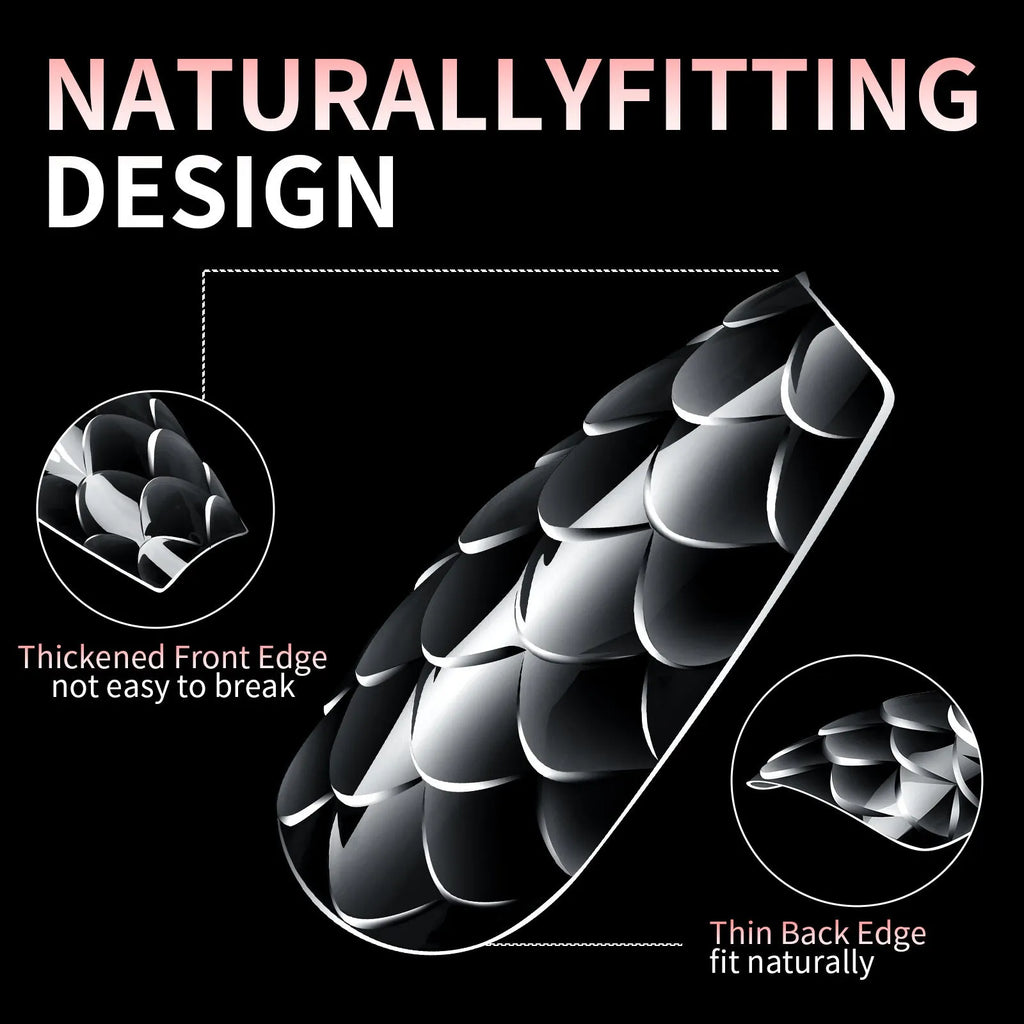 3D scale long shaping nail tips for gel and acrylic nail extensions in multiple colour options