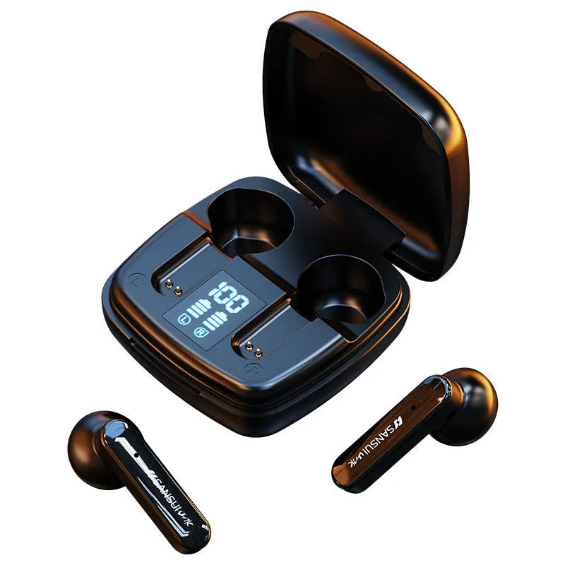 Wireless binaural semi-in-ear Bluetooth headphones in black or white with digital battery display