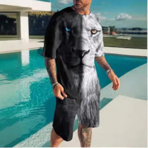 Men's short-sleeved sports and leisure two-piece suit in polyester blend, sizes S-6XL