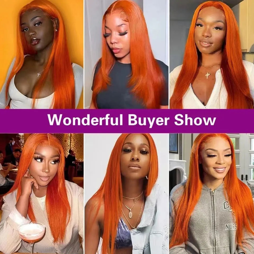 Front lace wig in orange with straight hair and side bangs, available in 12 to 32 inch lengths, high temperature fibre