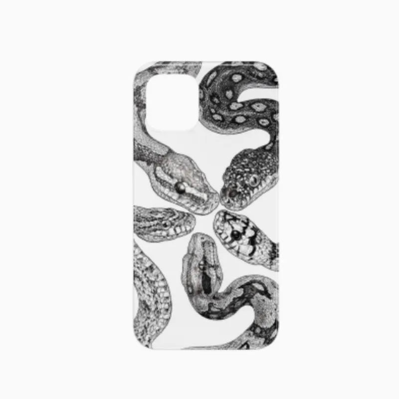 Black and white retro python illustration phone case on an iPhone, available in frosted or glossy hard shell finish