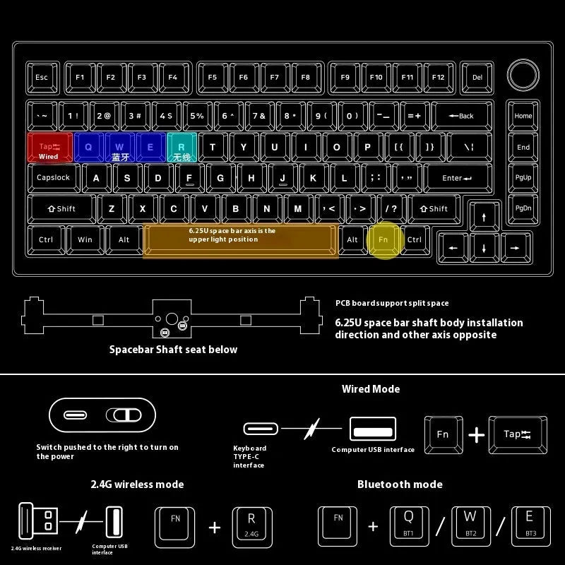 Heiji Snake mechanical keyboard kit with aluminum case showing key puller, switch puller, USB receiver, and data cable