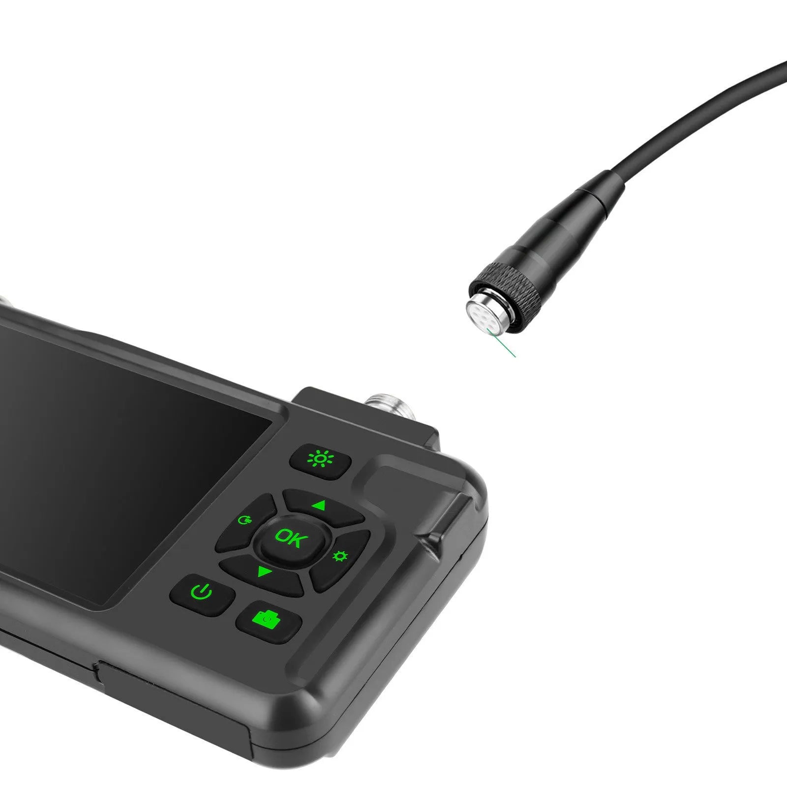Handheld industrial endoscope with 4.5-inch colour screen and attached 5.5mm inspection camera on a cable.