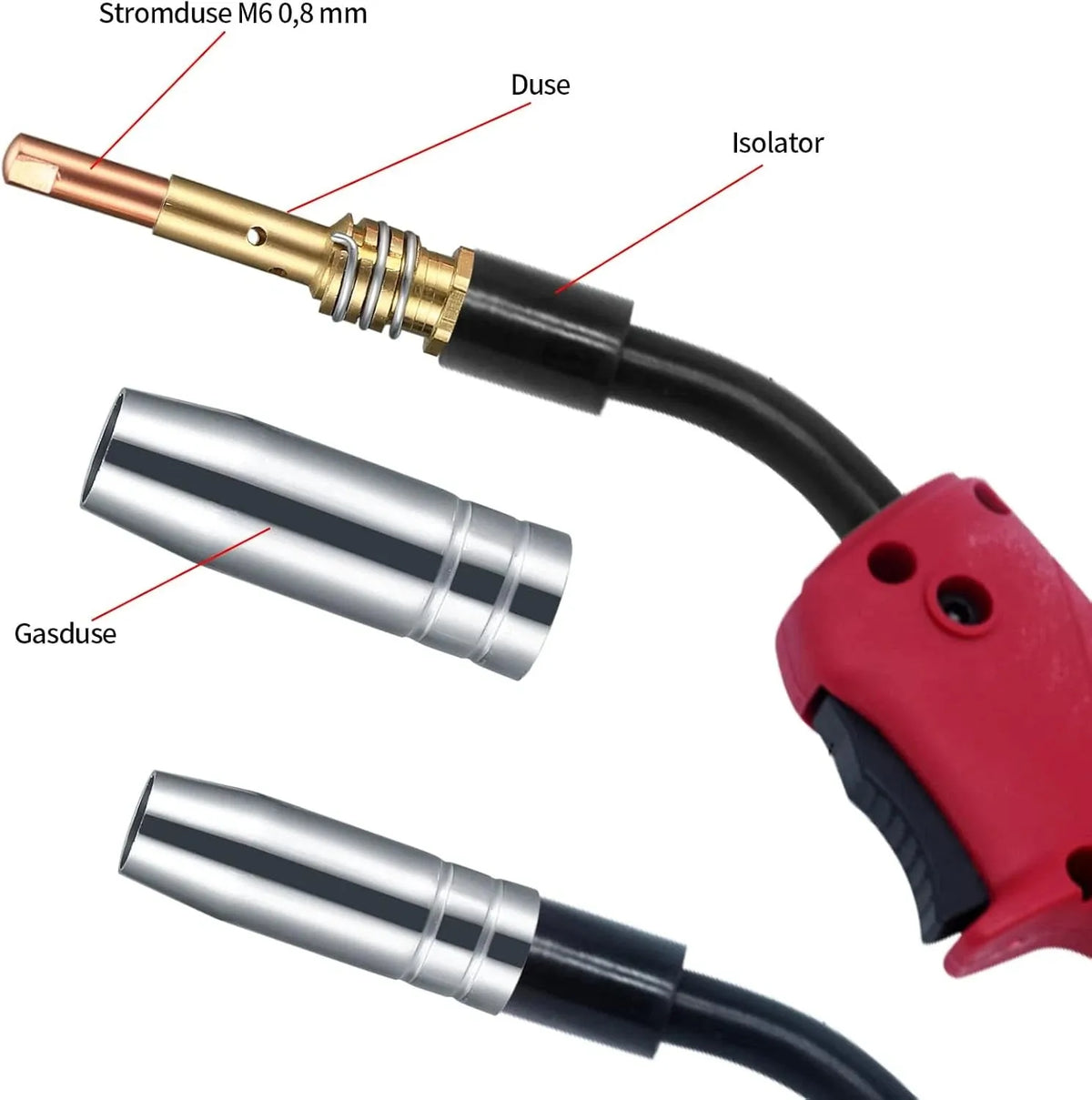 Copper welding nozzle set with 15 conductive nozzles, 5 nozzles, connecting rods, black caps, and board, 19mm length, 230g.