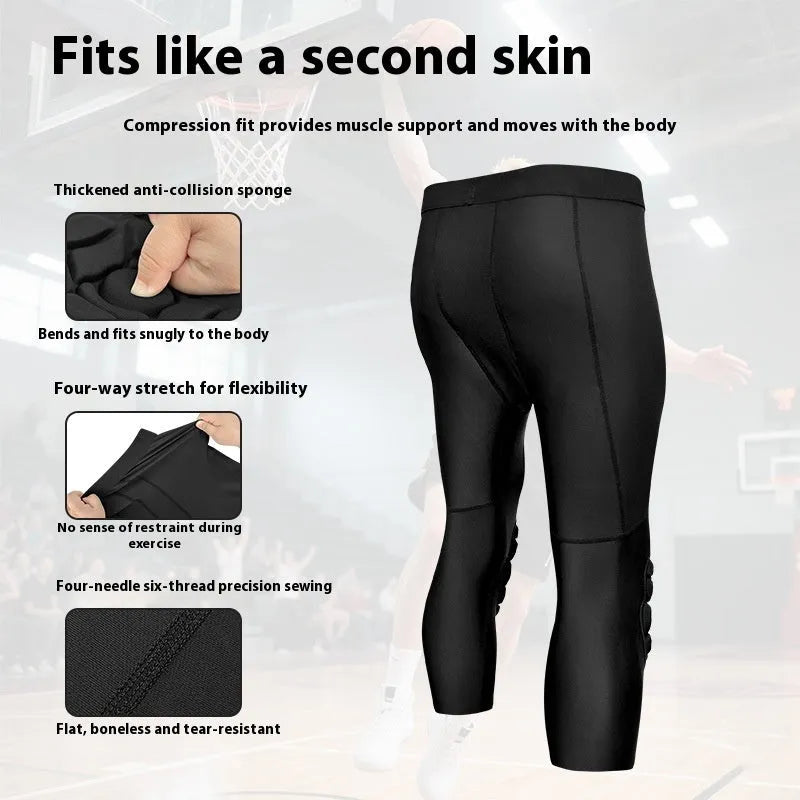 Men's basketball cropped pants with integrated knee pads in black, TWA-0205