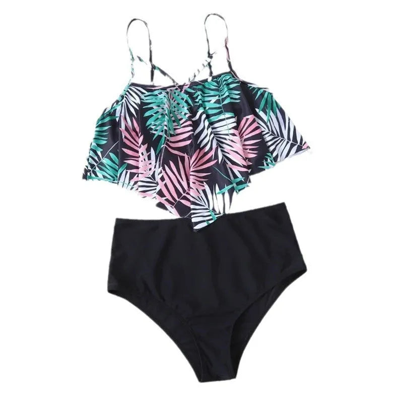 Women's high waist floral print bikini with flounced briefs for swimming.