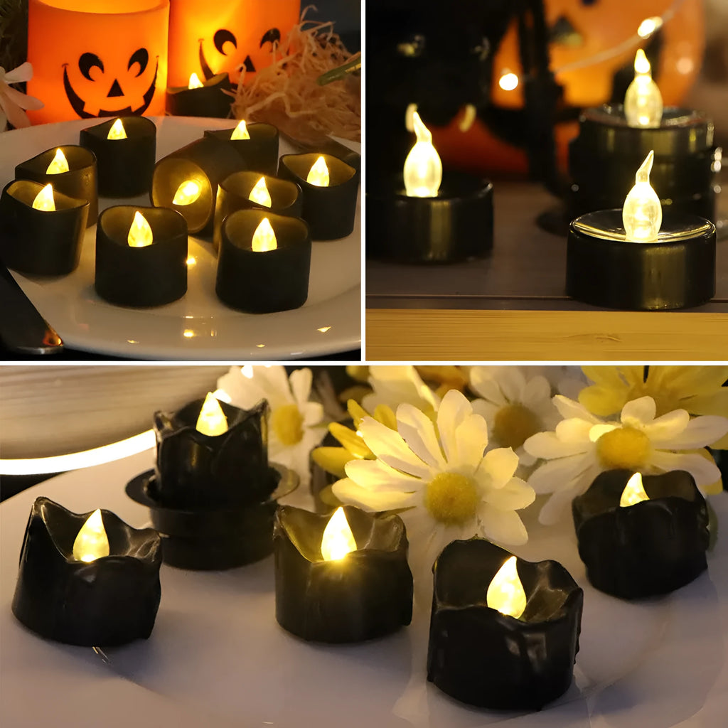 Set of 12 LED electronic wax candles with concave black plastic shells and yellow flash effect for Christmas decor
